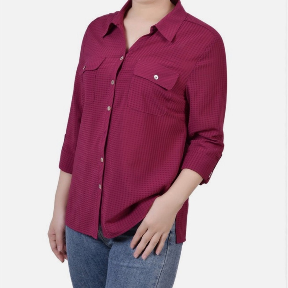 Ny Collection Petite 3/4 Sleeve Windowpane Blouse Wine NWT Size Small - Picture 3 of 14